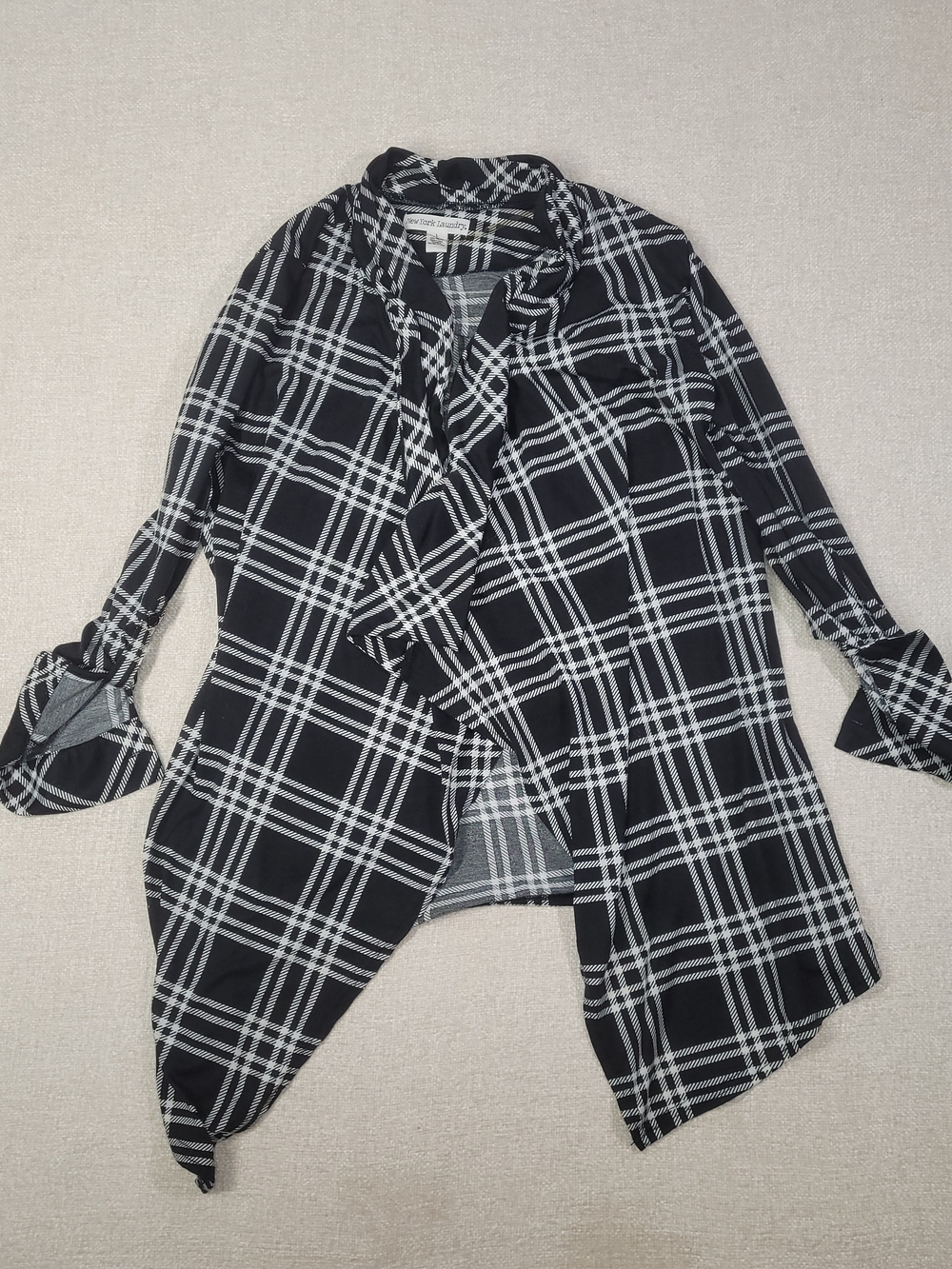 New York Laundry Black and White Plaid Open-Front Cardigan with Tie Cuffs